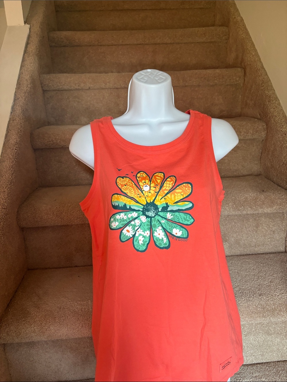 Life Is Good Women’s Coral Graphic Tank Top with Floral Daisy and Bunny in Small